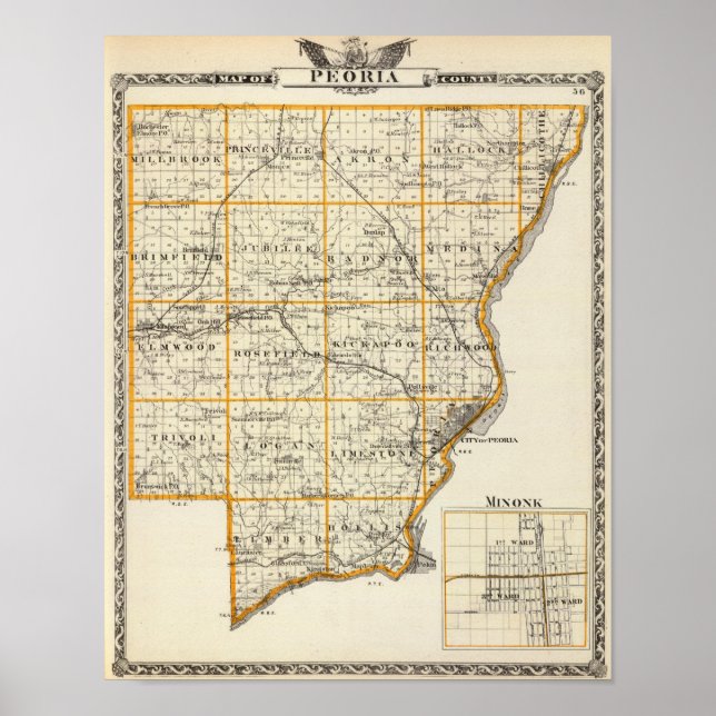 Póster Mapa de Peoria County e Minonk (Frente)