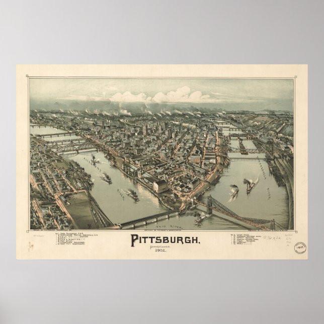Póster Mapa de Pittsburgh, Vista de Aves, 1902 (Frente)