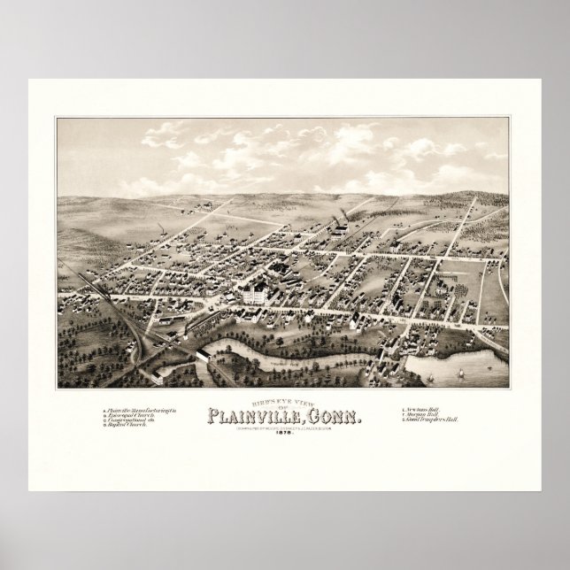 Póster Mapa de Plainville, CT de 1878 (Frente)