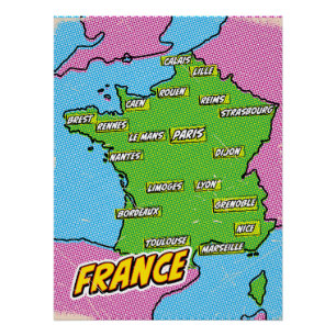 Póster Mapa de pop Art Ilustrado da França