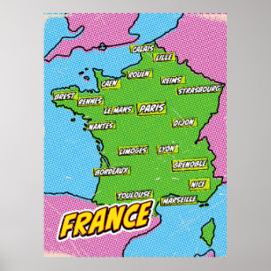 Poster Mapa de pop Art Ilustrado da França