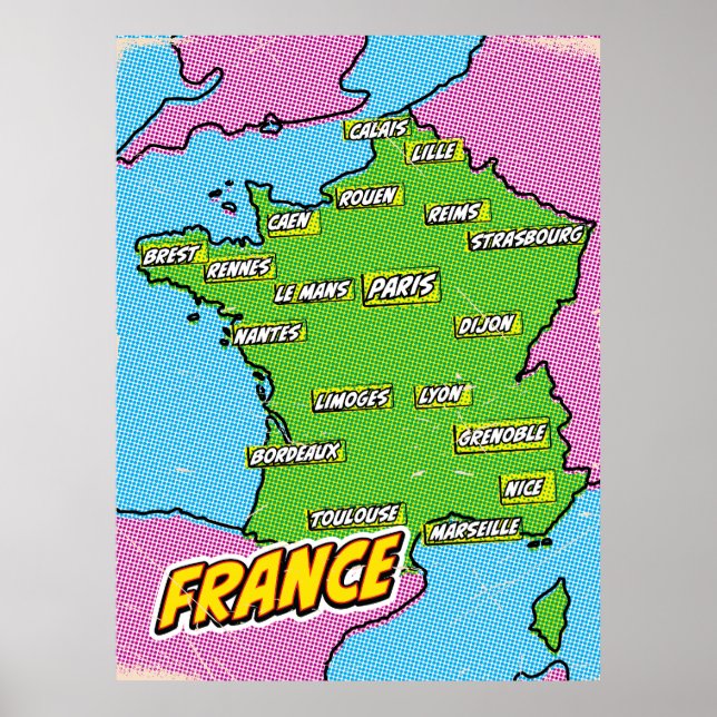 Poster Mapa de pop Art Ilustrado da França (Frente)