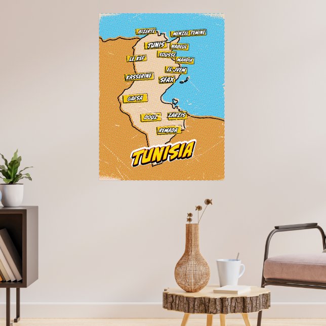 Poster Mapa de pop Art Ilustrado da Tunísia (Sala de Estar 3)