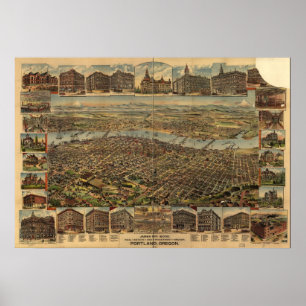 Póster Mapa de Portland, Birds-Eye View, 1890