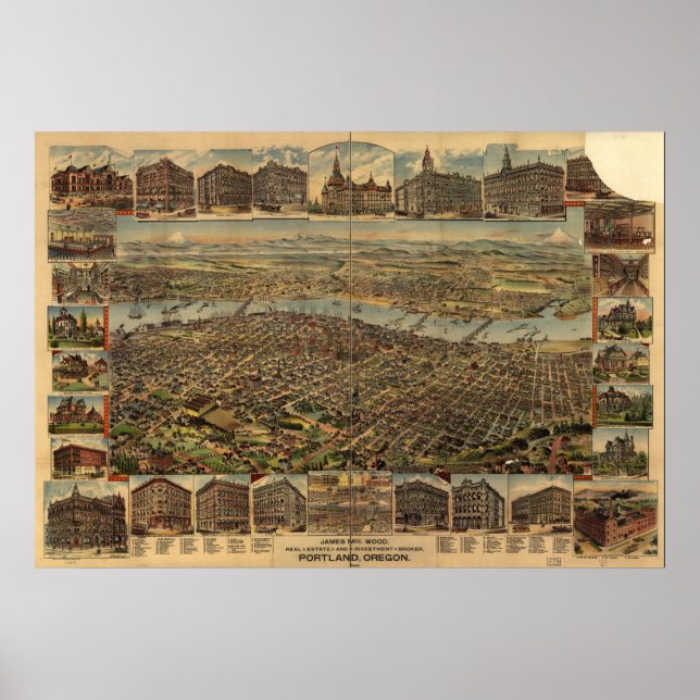 Póster Mapa de Portland, Birds-Eye View, 1890 (Frente)