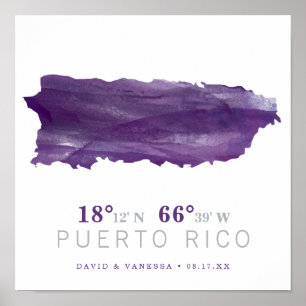 Poster Mapa de Porto Rico em Aquarela Roxa Coordenadas