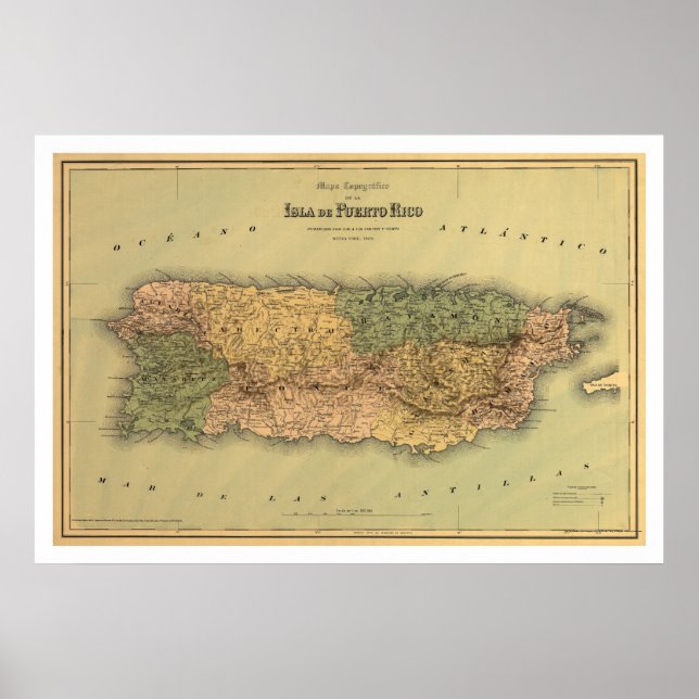 Póster Mapa de Porto Rico por Colton 1886 (Frente)