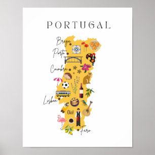 Poster Mapa de Portugal com as principais cidades e vário