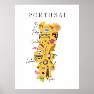 Poster Mapa de Portugal com principais cidades e vários s