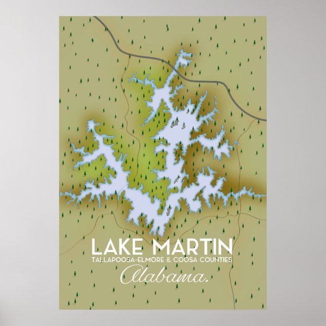 Poster Mapa de pôster de viagem do Lago Martin Alabama. (Frente)