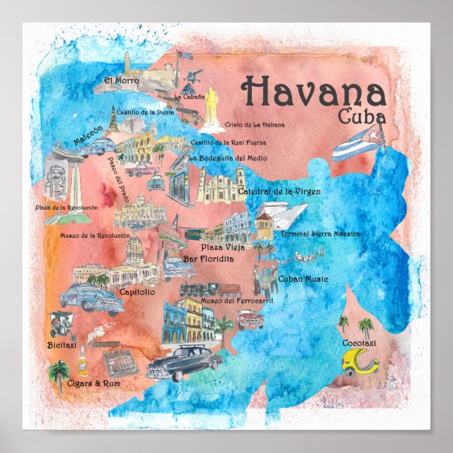 Poster Mapa de Posteres de viagens Ilustrado de Havana Cu (Frente)