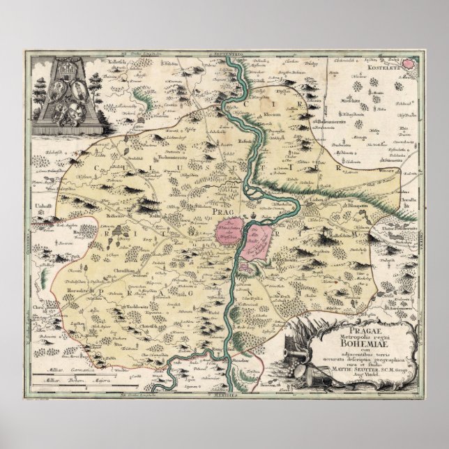 Poster Mapa de Praga e Área circundante (1740) (Frente)