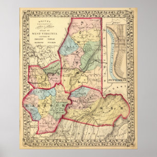 Póster Mapa de Preston, Taylor, Barbour, condados de