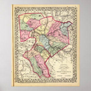 Poster Mapa de Putnam, Kanawha, Condados Boone
