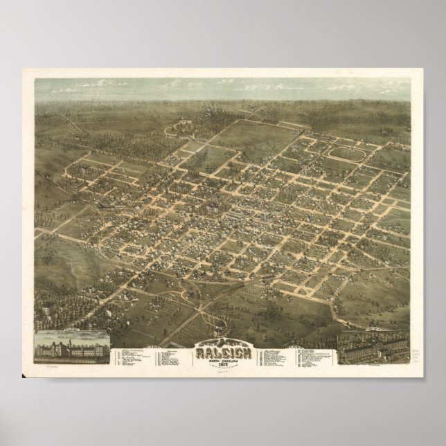 Poster Mapa de Raleigh Carolina do Norte em 1872 (Frente)