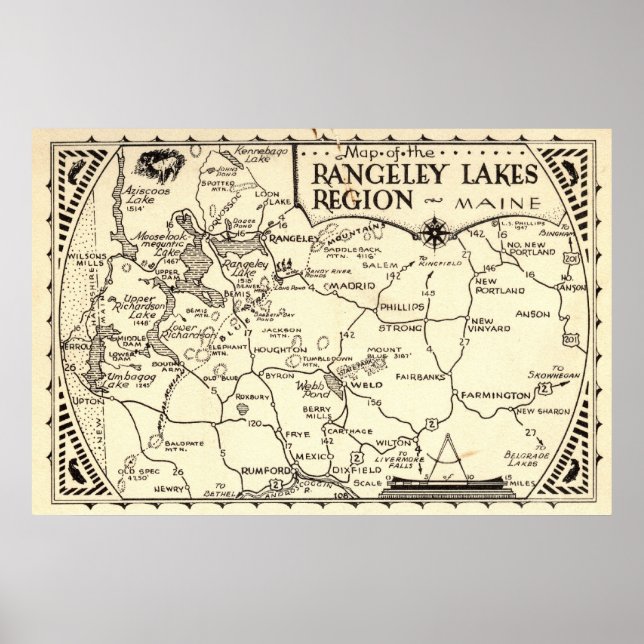 Póster Mapa de Rangeley Lagos Maine Vintage (Frente)