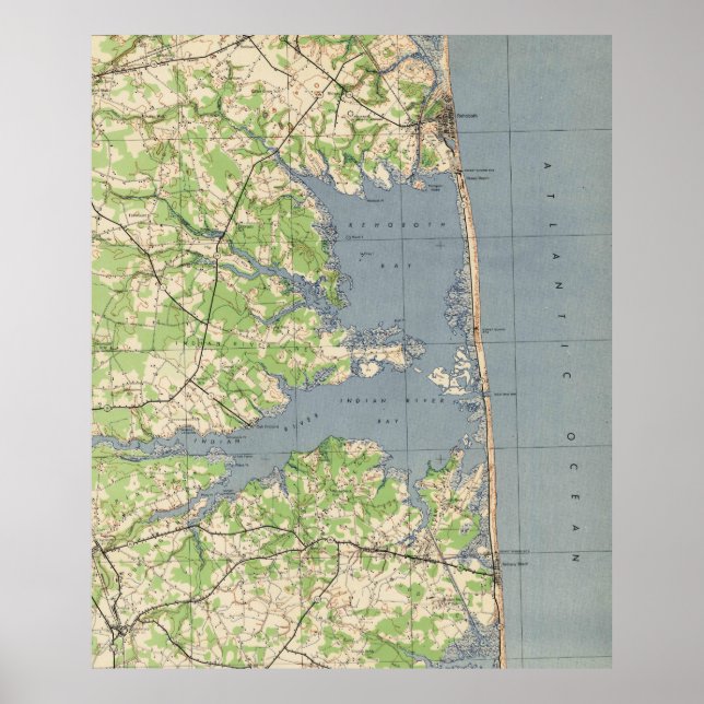 Póster Mapa de Rehoboth & Bethany Beach DE (1944) (Frente)