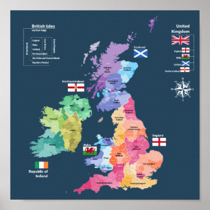 Poster Mapa de Reino Unido - condados de Inglaterra