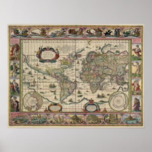 Póster Mapa de Réplica do Mapa Antiquado do século 16