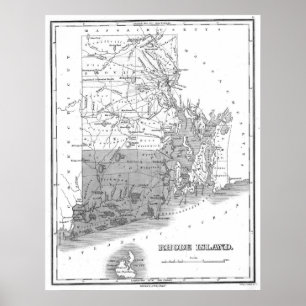 Póster Mapa de Rhode - ilha do vintage (1827) BW