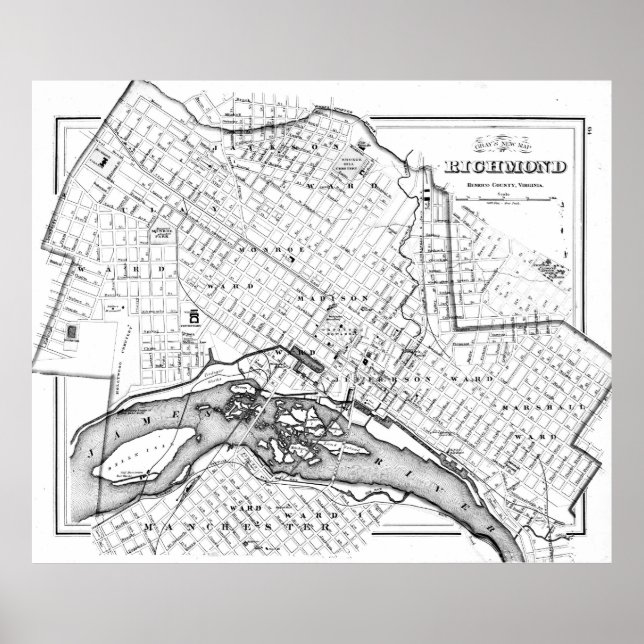Póster Mapa de Richmond Virginia (1884) BW (Frente)