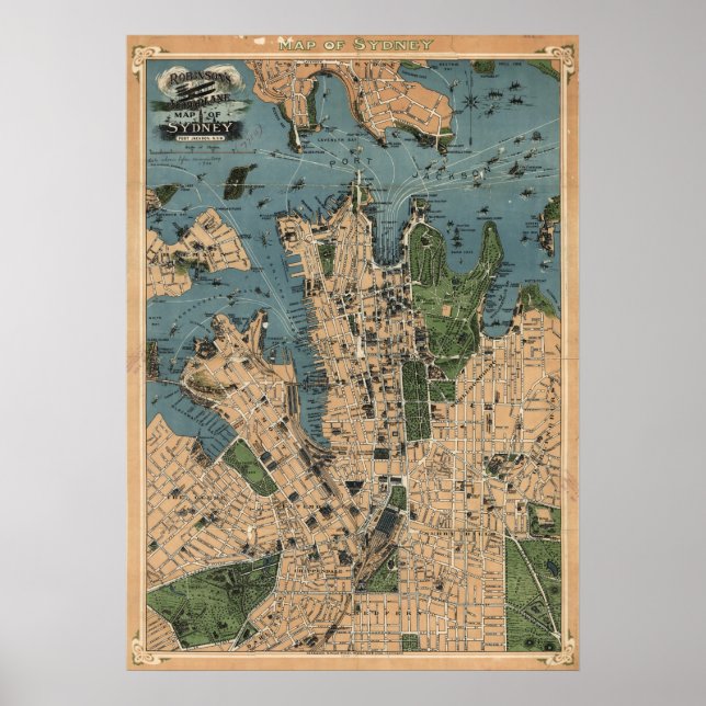 Poster Mapa de Robinson de Sydney, NSW (1922) Reprint (Frente)