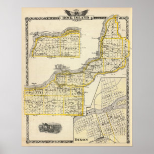 Póster Mapa de Rock Island County e de Dixon