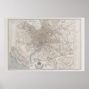 Poster Mapa de Roma Itália 1869 Reprodução