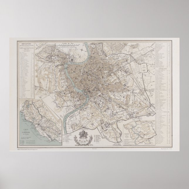 Poster Mapa de Roma Itália 1869 Reprodução (Frente)