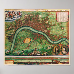 Póster Mapa de Rua Antigo do Século 17 Londres, Inglaterr