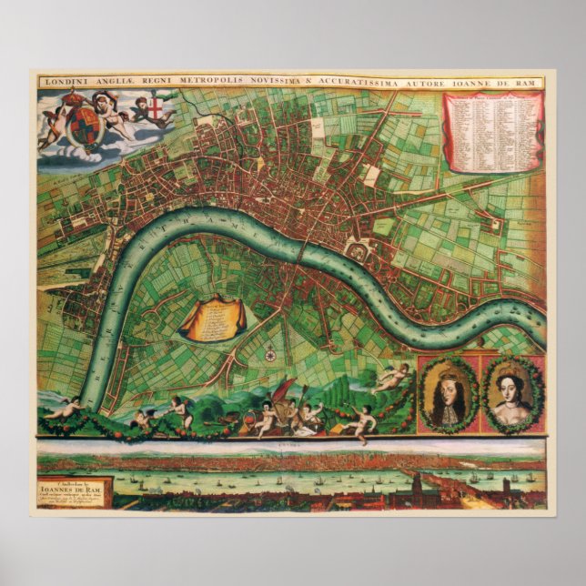 Póster Mapa de Rua Antigo do Século 17 Londres, Inglaterr (Frente)