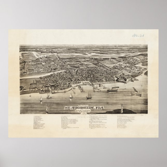 Póster Mapa de Ruas de Augustine FL (1885) (Frente)