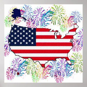 Póster Mapa de Sinalizador EUA e Fireworks com Textura