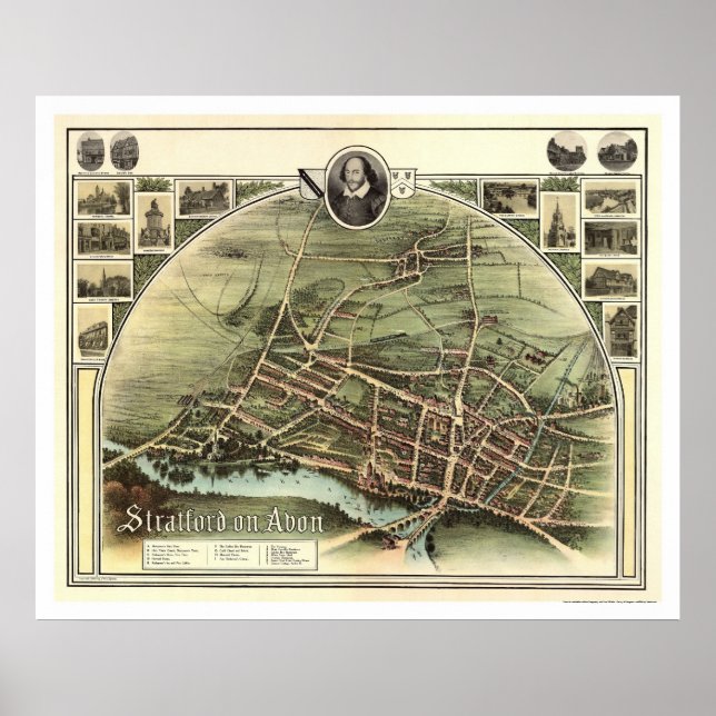 Póster Mapa de Stratford em Avon, Inglaterra, por Brown 1 (Frente)