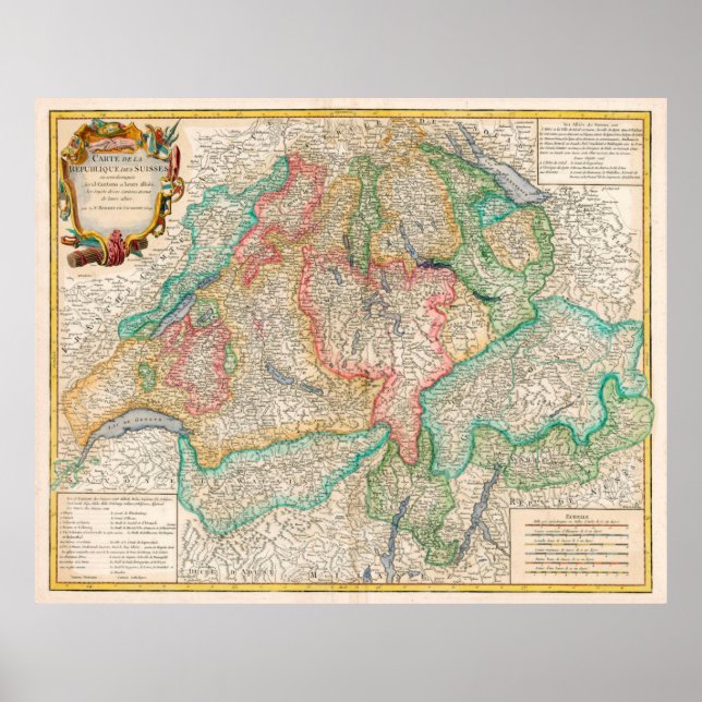 Poster Mapa de Suiças da Vintage (1755) (Frente)