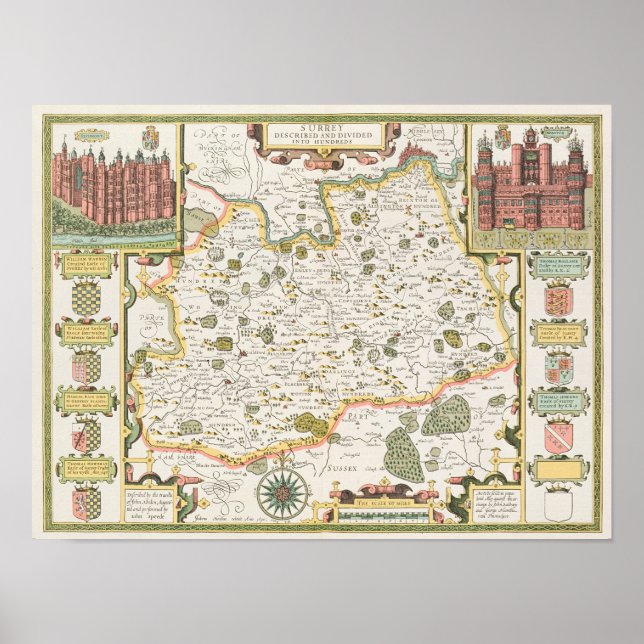 Póster Mapa de Surrey, gravado por Jodocus Hondius (Frente)