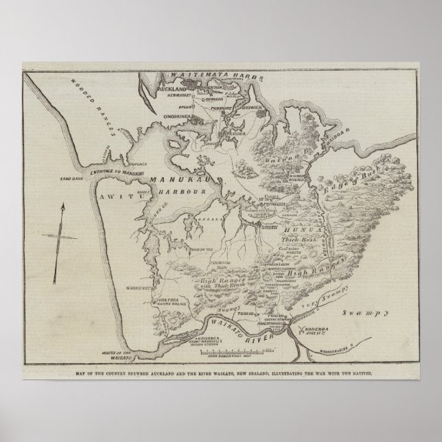 Poster Mapa de terras entre Auckland e Waikato River (Frente)