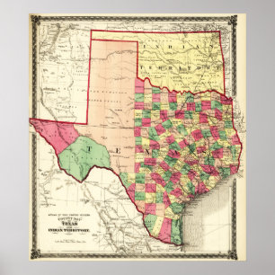 Poster Mapa de TerritoryPanoramic de Texas e de indiano