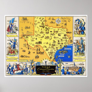 Poster Mapa de Texas da exposição centenária em 183