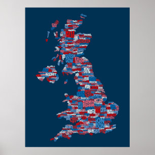 Poster Mapa de texto BRITÂNICO da cidade de Grâ Bretanh