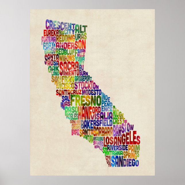 Póster Mapa de Texto da Tipografia da Califórnia (Frente)