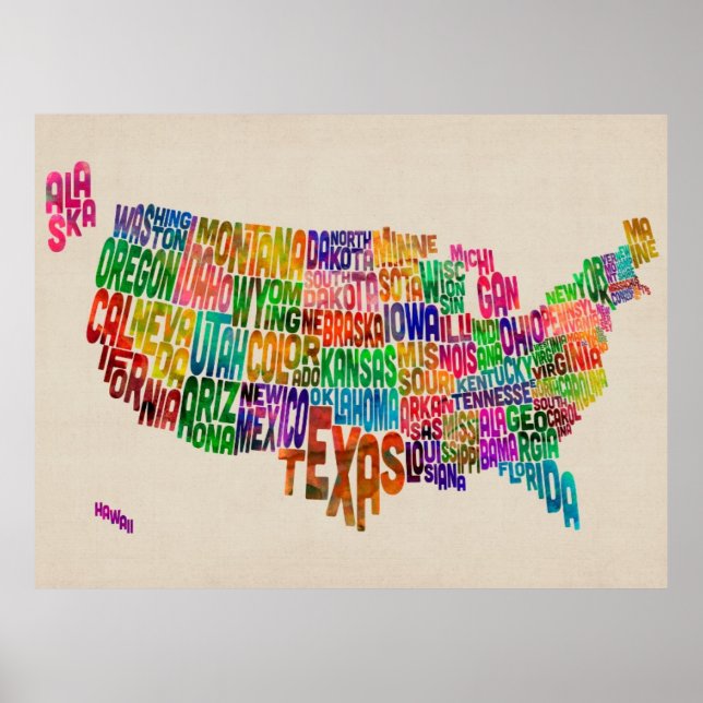 Poster Mapa de Texto da Tipografia dos Estados Unidos (Frente)