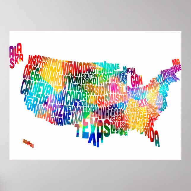 Poster Mapa de Texto da Tipografia dos Estados Unidos (Frente)