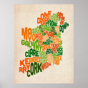 Póster Mapa de texto do condado de Ireland Eire
