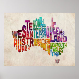Poster Mapa de texto tipográfico de Austrália