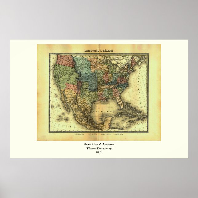 Póster Mapa de Thunot Duvotenay de 1848: Etats-Unis & Mex (Frente)