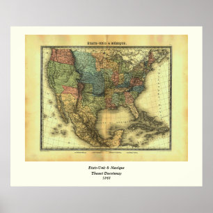 Póster Mapa de Thunot Duvotenay de 1848: Etats-Unis & Mex