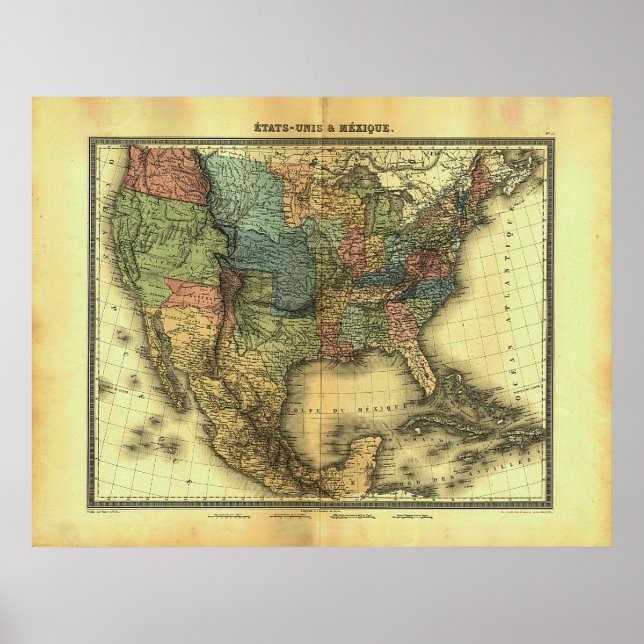 Póster Mapa de Thunot Duvotenay de 1848: Etats-Unis & Mex (Frente)
