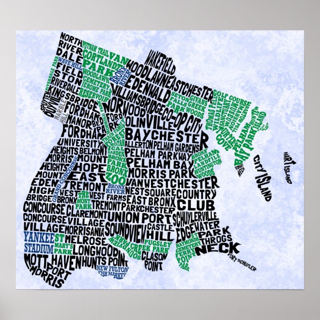 Póster Mapa de Tipografia do Bronx Nova Iorque (Frente)