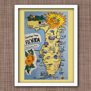 Poster Mapa de turismo de saudações da Vintage Florida